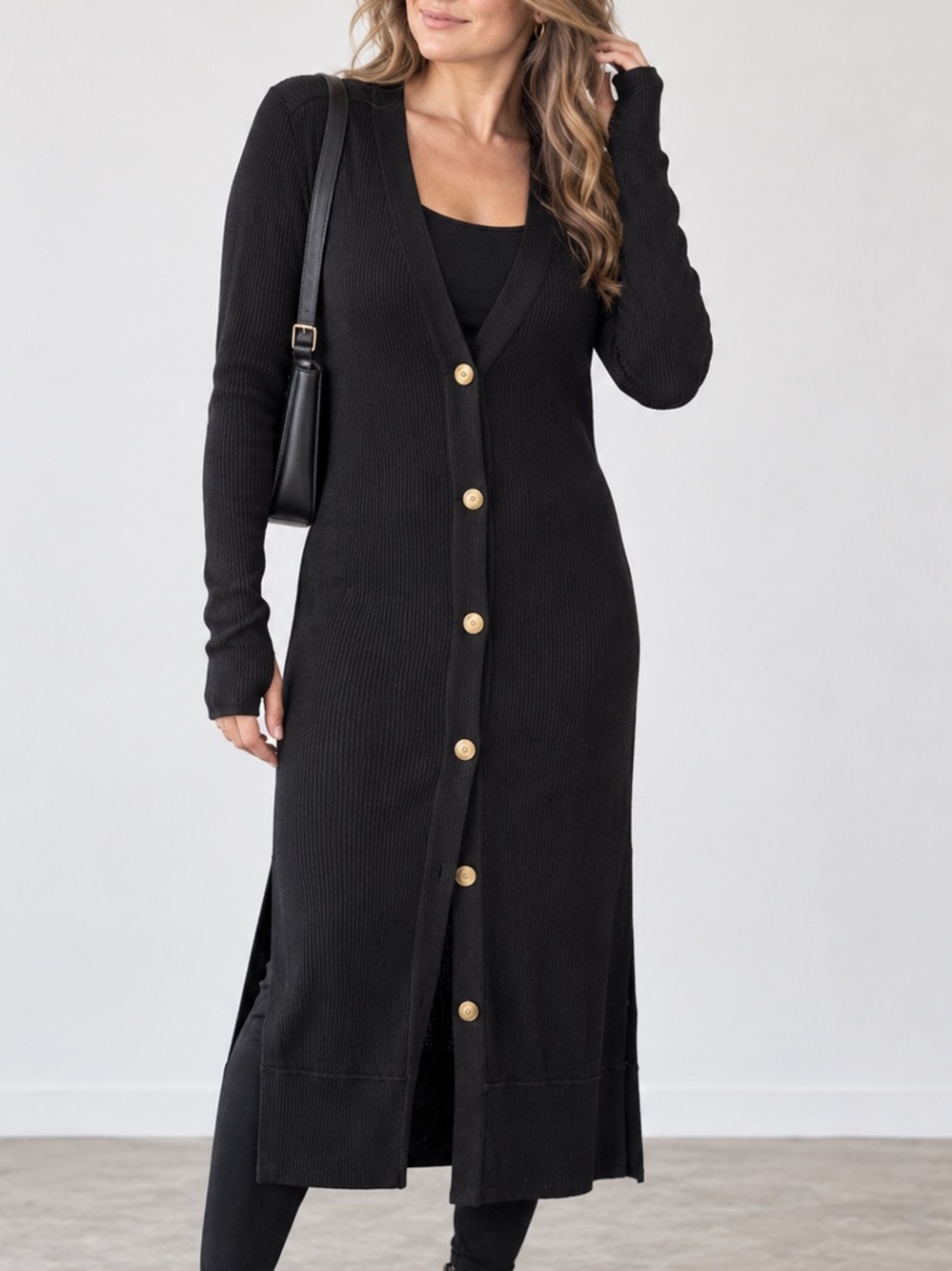 ZENANA Black Ribbed Duster Cardigan Button Front Thumbholes Longline 1X